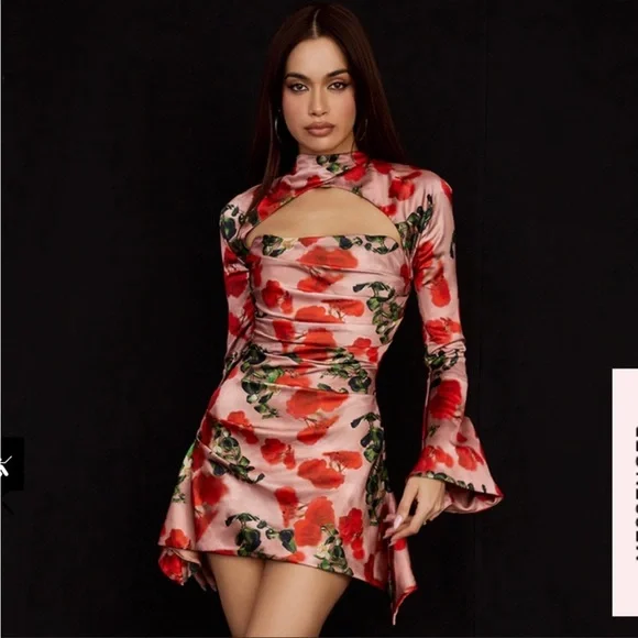 House of CB ‘Toira’ Satin Rose Print draped corset mini dress NWOT - Picture 9 of 12